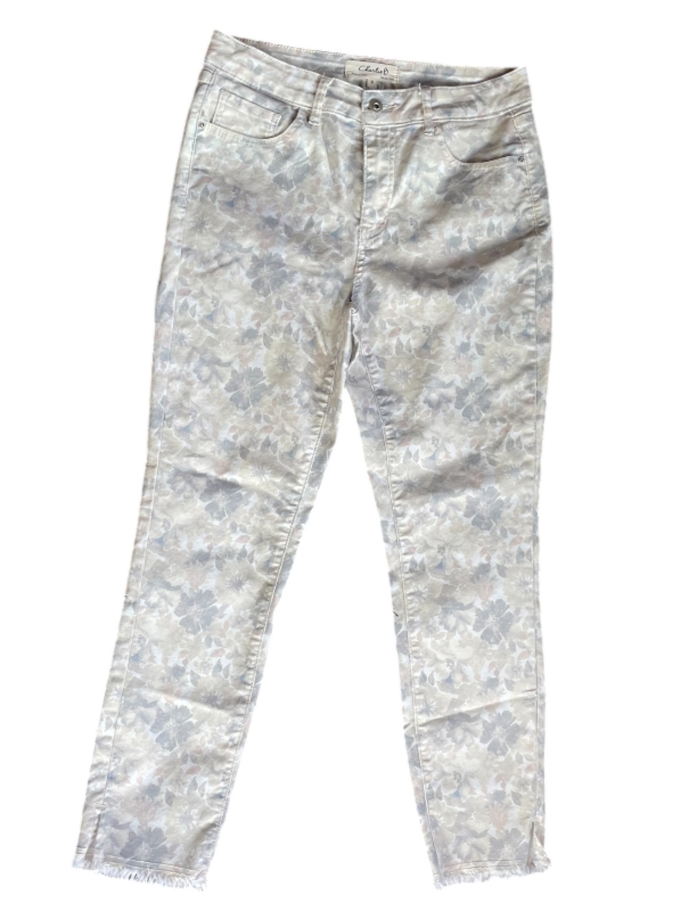 Charlie B Floral Print Slim/Straight Leg Jeans — Size 8 neat frayed hem